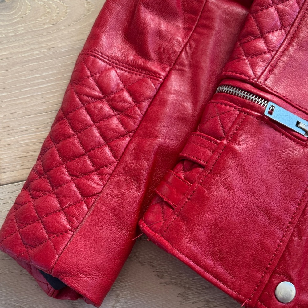 Zara Red Quilted Moto Leather Jacket - Picture 6 of 7